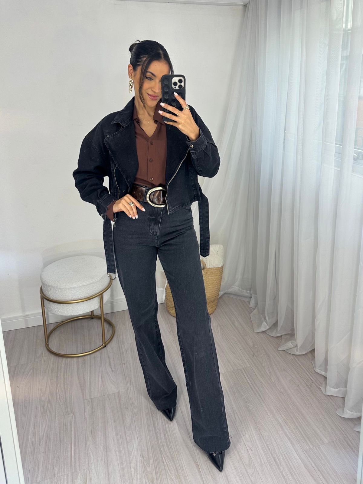 Jaqueta Jeans Preta Estonada Hana