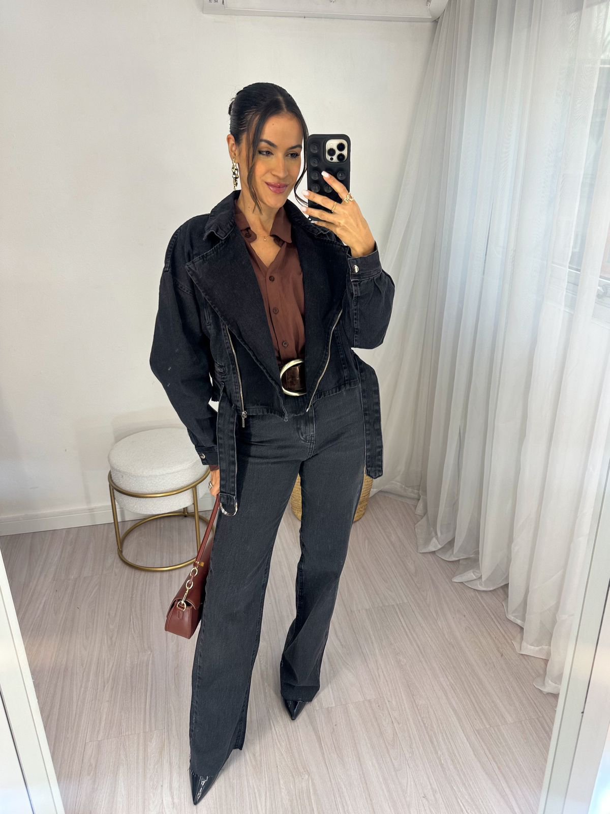 Jaqueta Jeans Preta Estonada Hana