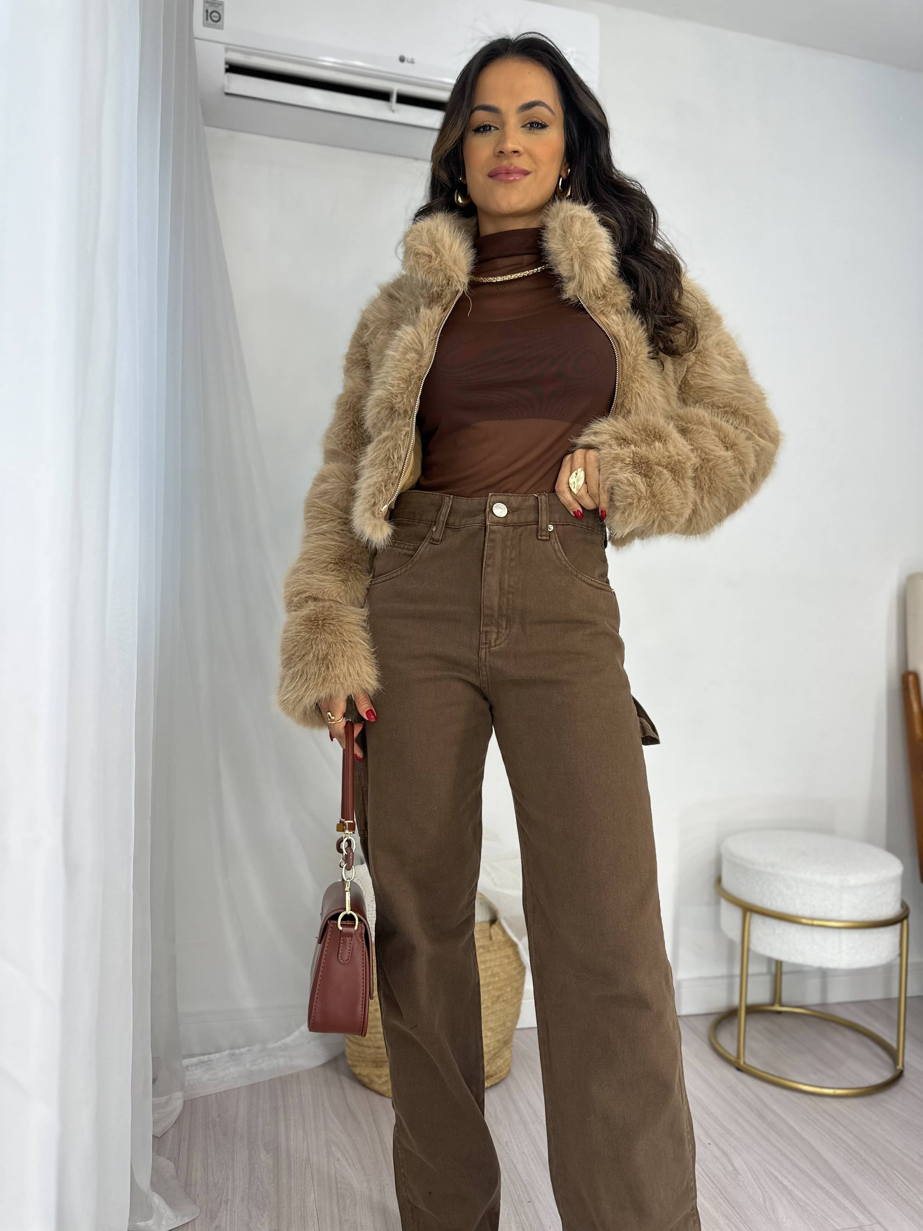 Calça Wide Leg Jeans Marrom Ivy