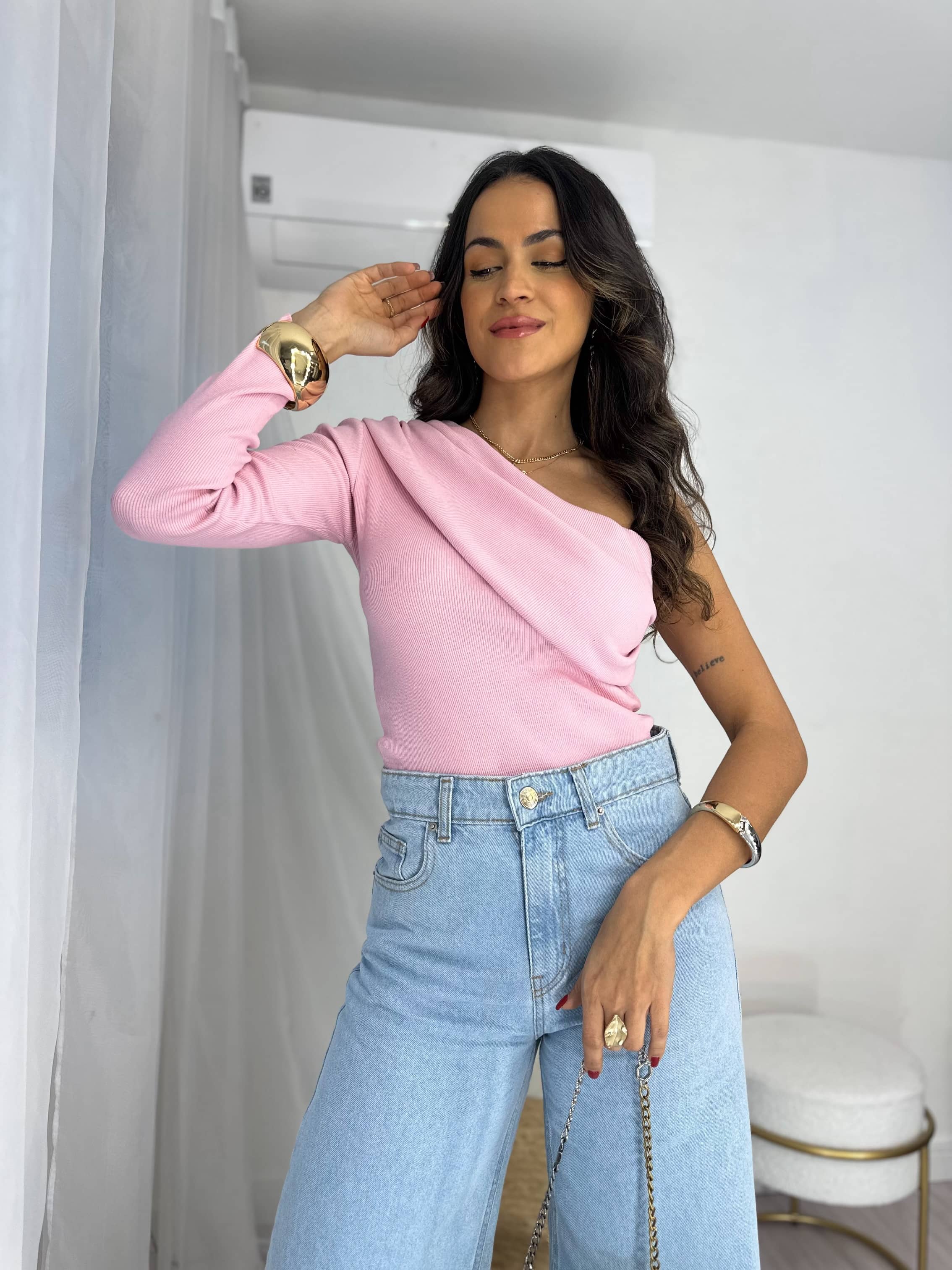Blusa Um Ombro só Rosa Bebe Ivy