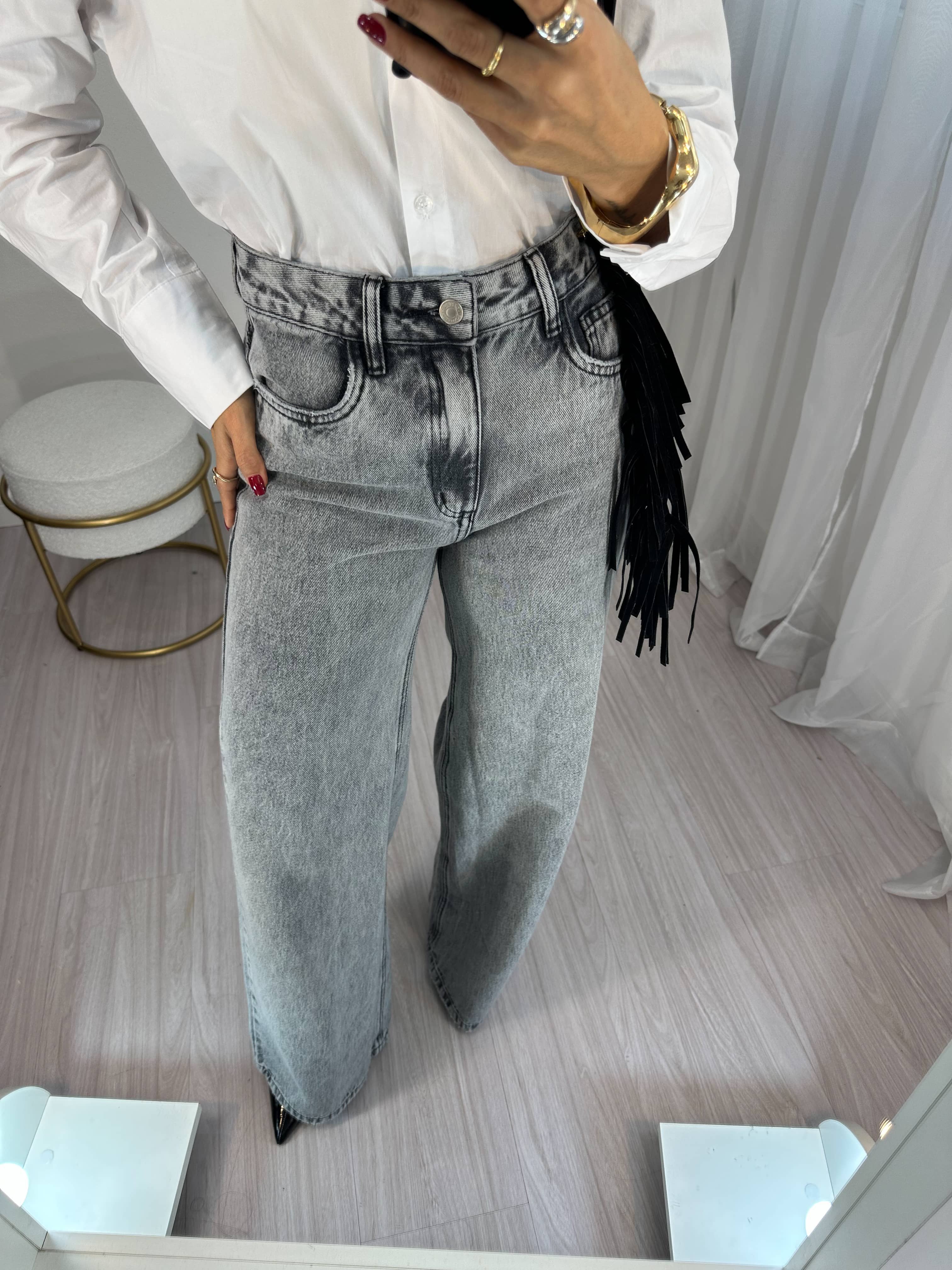 Calça Wide Leg Jeans Cinza Estonada Kendal