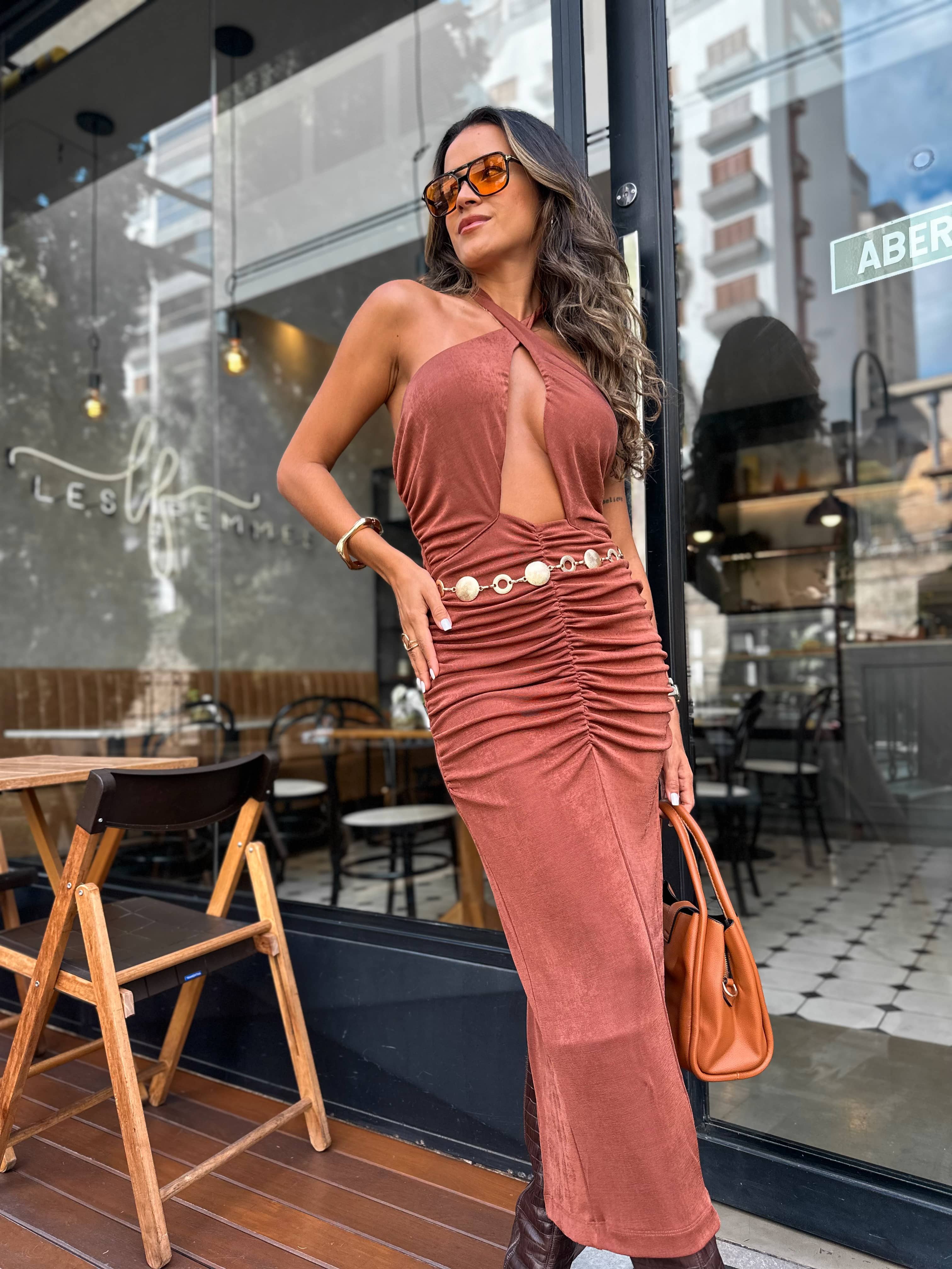 Vestido Marrom Drapeado Lya