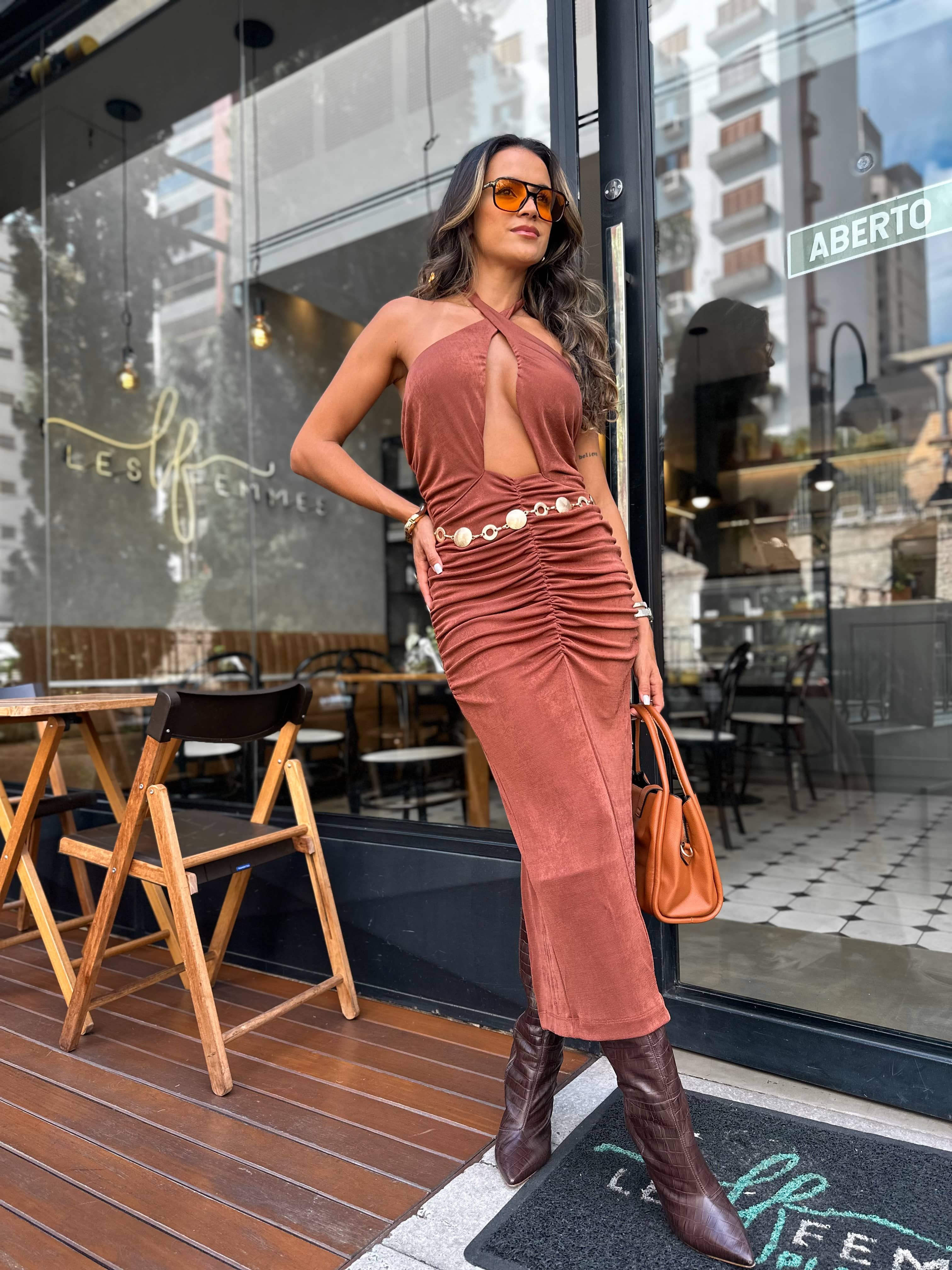 Vestido Marrom Drapeado Lya