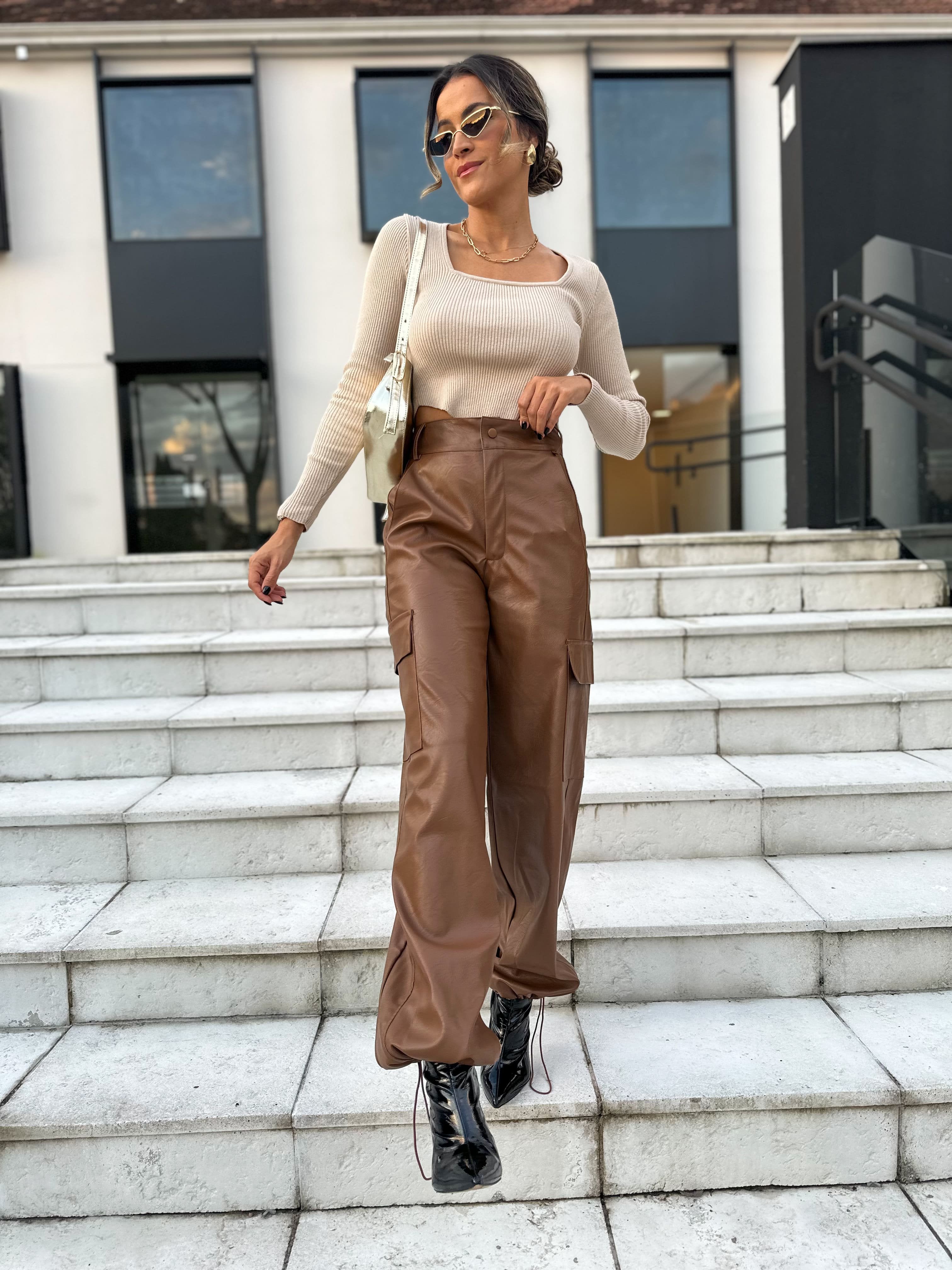 Calça Wide Leg Cargo Marrom Marwi