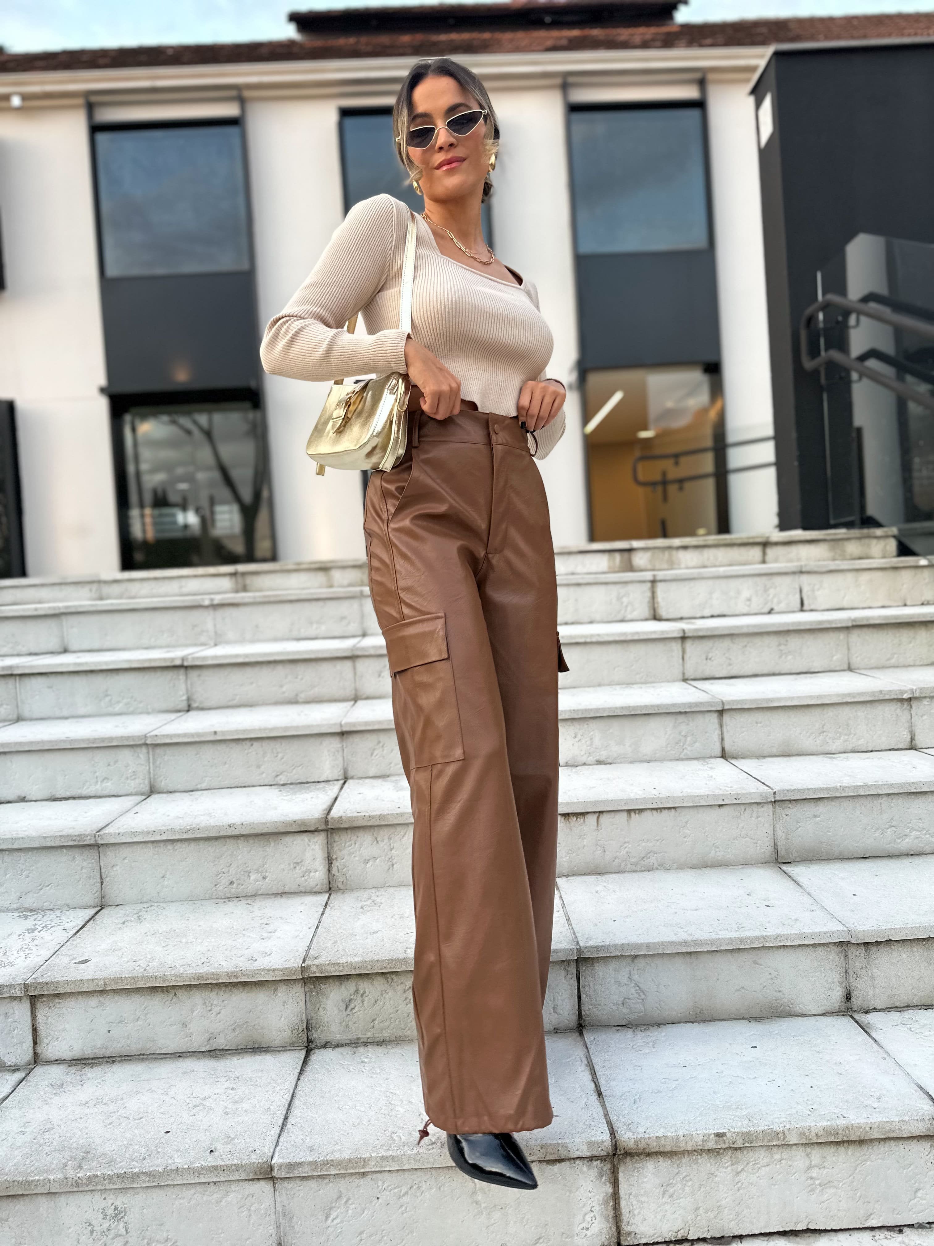 Calça Wide Leg Cargo Marrom Marwi