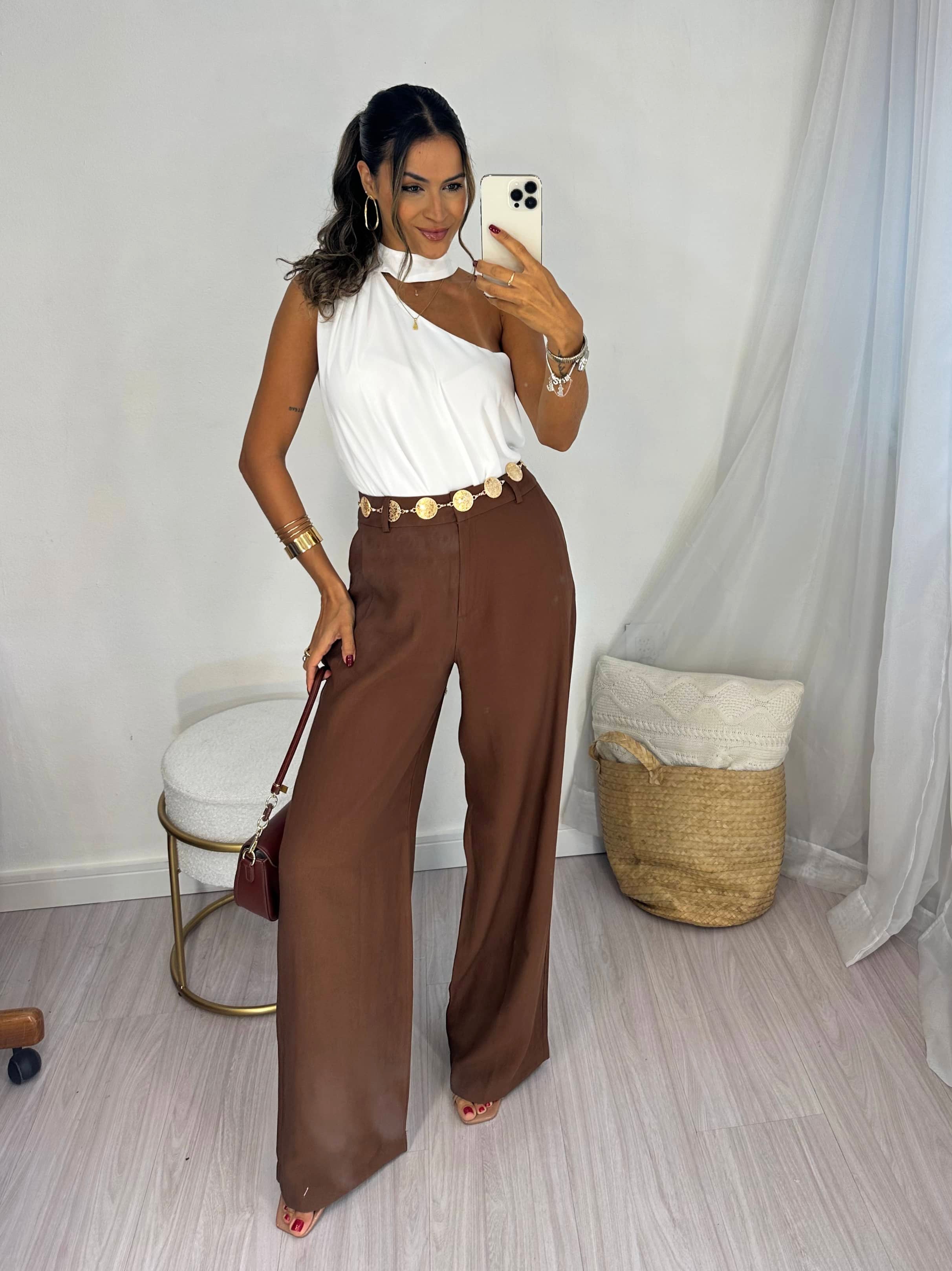 Calça Wide Leg Alfaiataria Marrom Zola