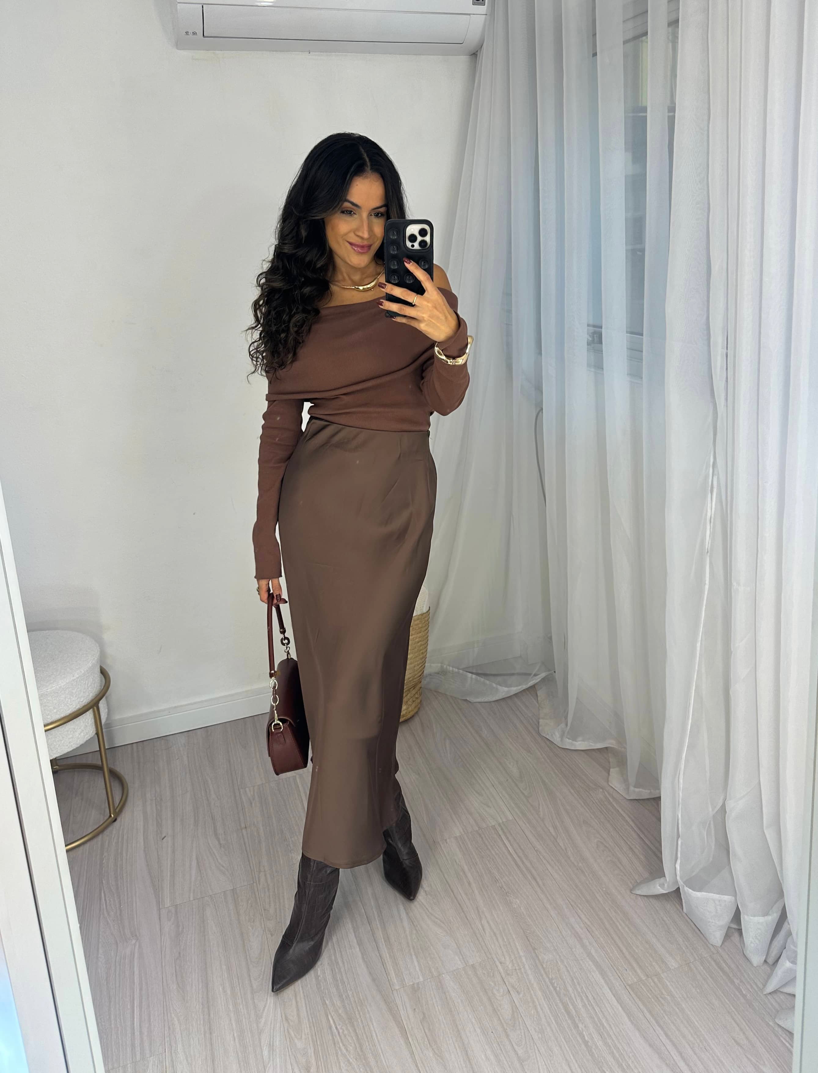 Saia Midi Acetinada Marrom Velma