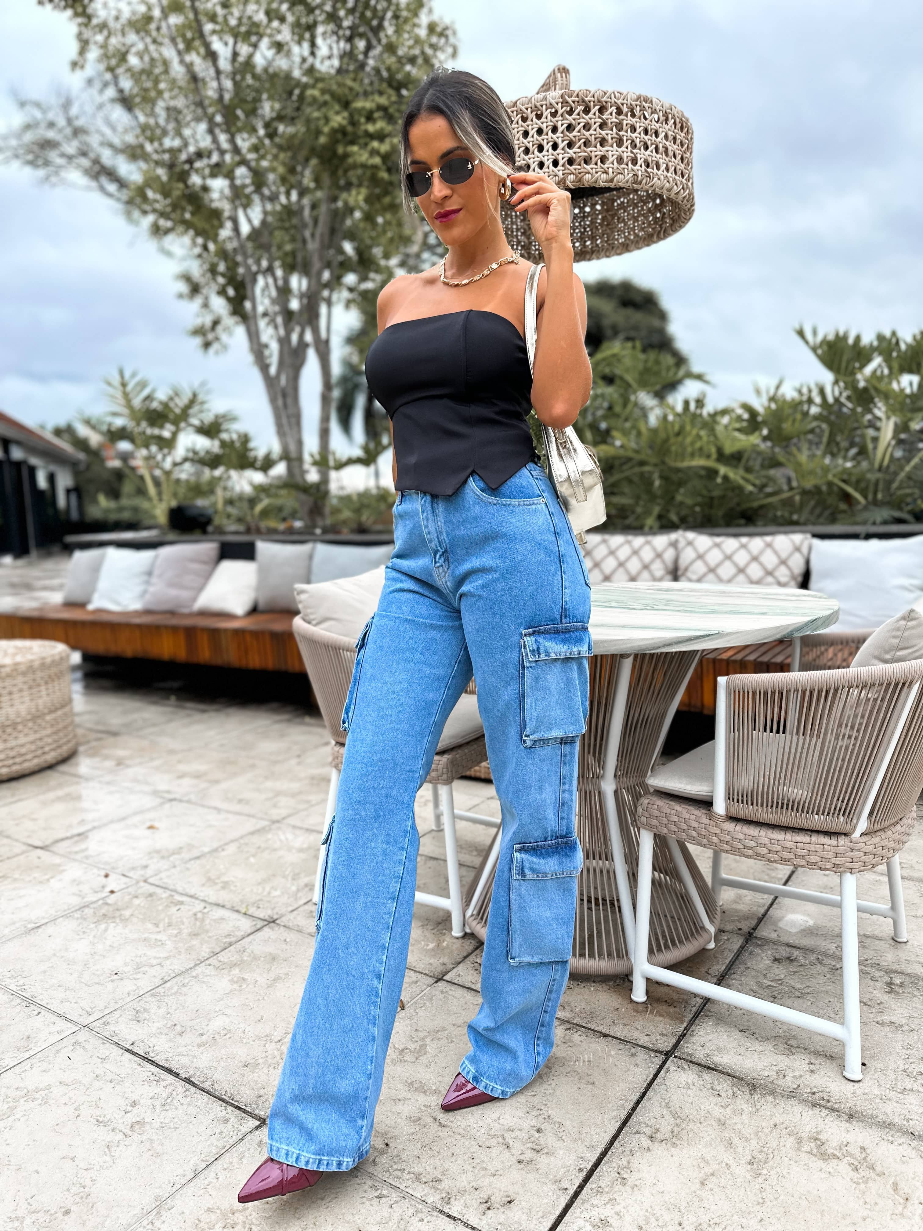 Calça Wide Leg Jeans Cargo Zaya